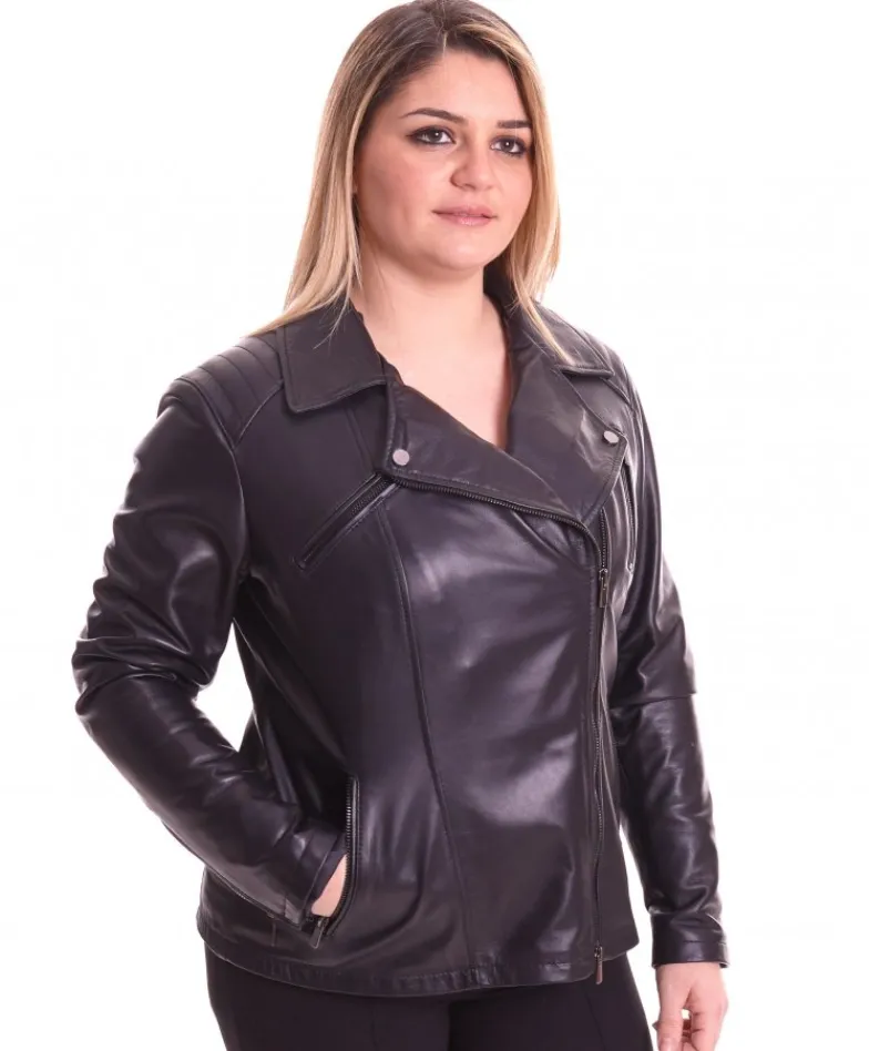 Donna D'Arienzo Flores - Giacca chiodo in pelle nera taglie forti nappa effetto liscio