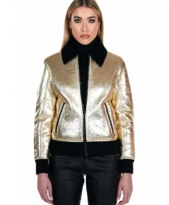 Donna D'Arienzo G155 - Bomber in montone color oro laminato effetto liscio