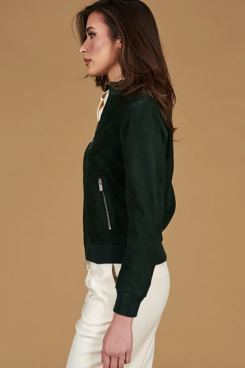 Donna D'Arienzo G154 - Bomber in pelle camoscio verde colletto coreana