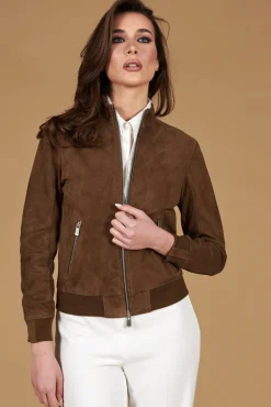 Donna D'Arienzo G154 - Bomber in pelle camoscio fango colletto coreana