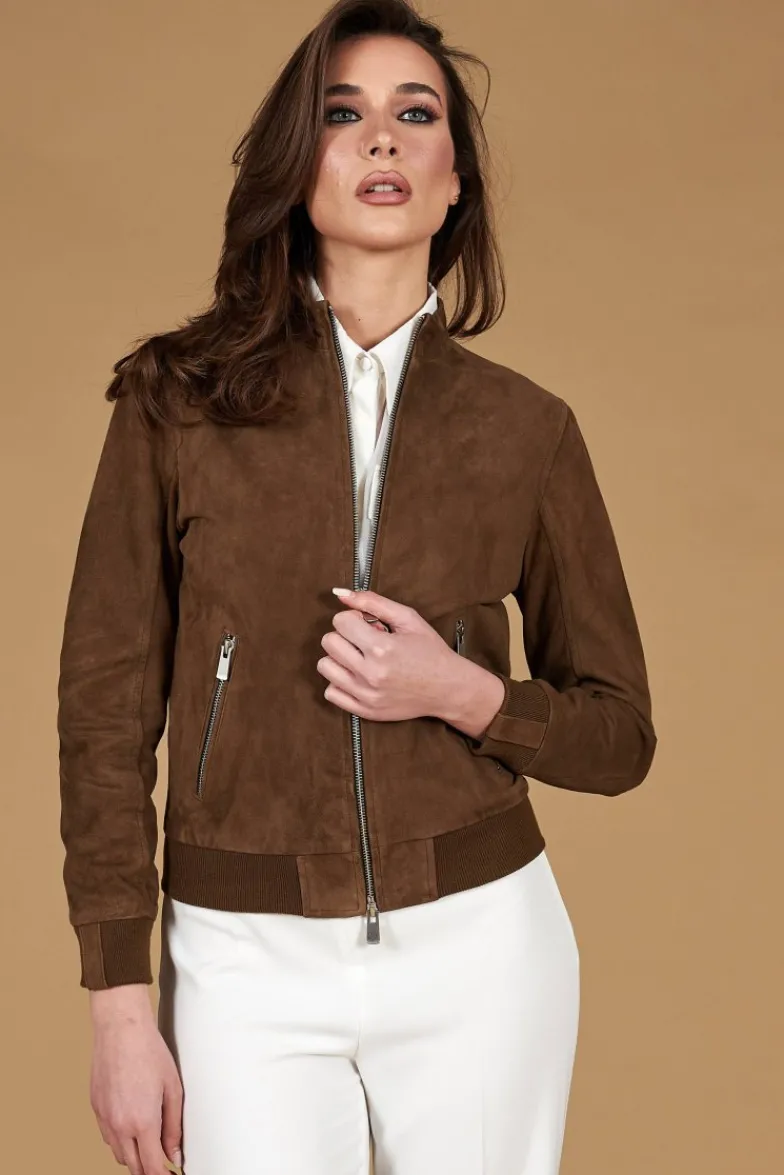 Donna D'Arienzo G154 - Bomber in pelle camoscio fango colletto coreana