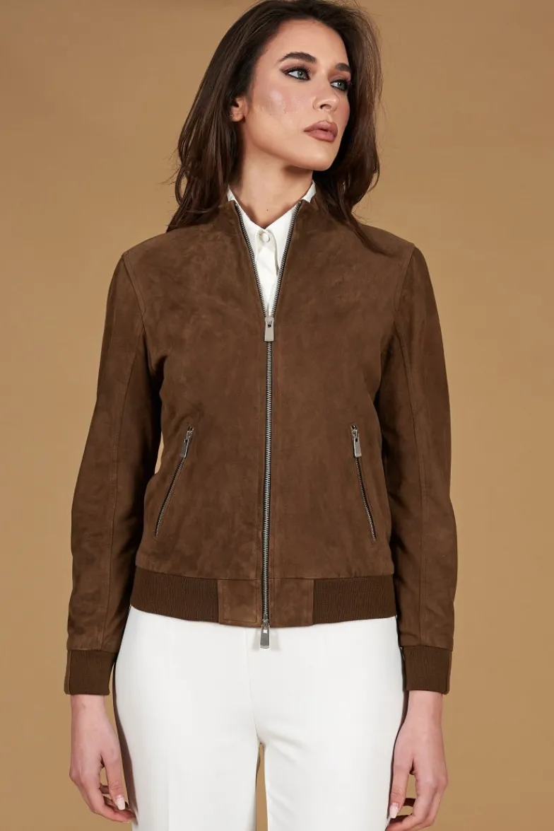 Donna D'Arienzo G154 - Bomber in pelle camoscio fango colletto coreana