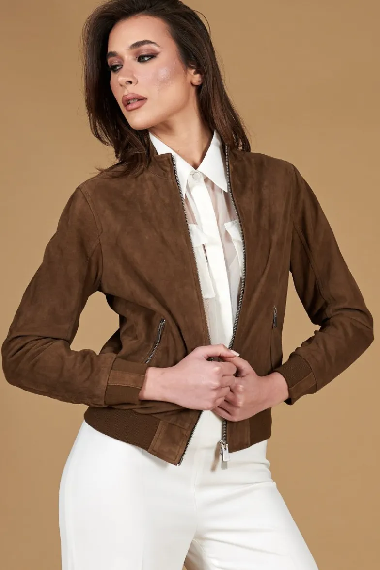 Donna D'Arienzo G154 - Bomber in pelle camoscio fango colletto coreana