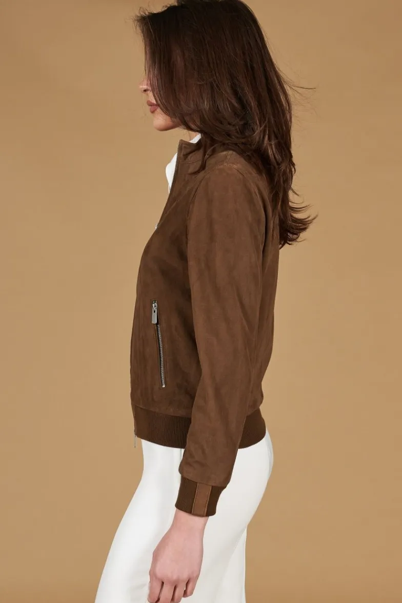 Donna D'Arienzo G154 - Bomber in pelle camoscio fango colletto coreana