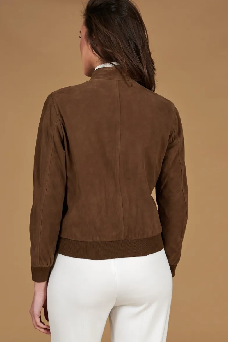 Donna D'Arienzo G154 - Bomber in pelle camoscio fango colletto coreana