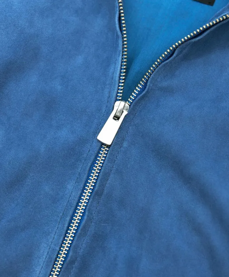 Donna D'Arienzo G154 - Bomber in pelle camoscio blu denim colletto coreana