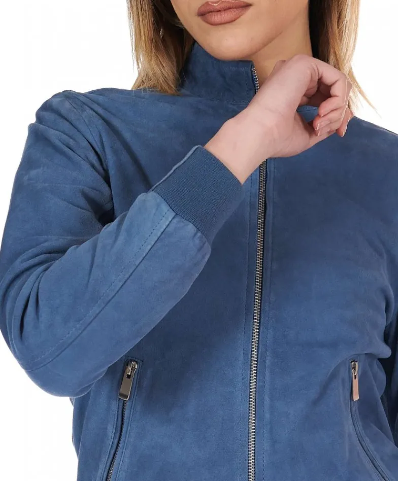 Donna D'Arienzo G154 - Bomber in pelle camoscio blu denim colletto coreana