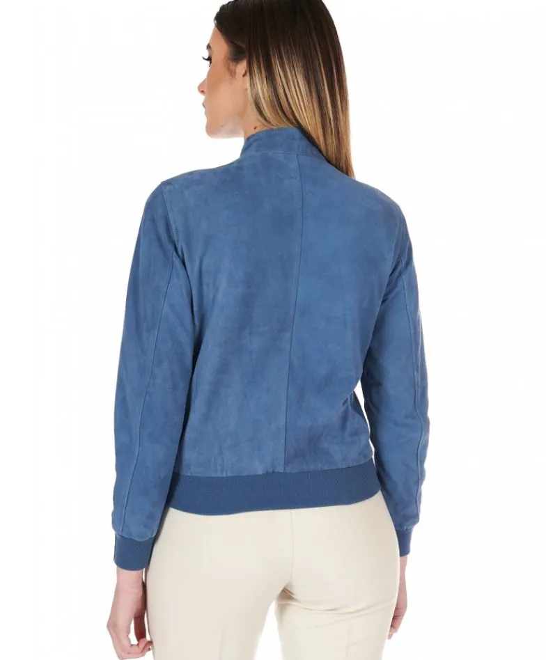 Donna D'Arienzo G154 - Bomber in pelle camoscio blu denim colletto coreana