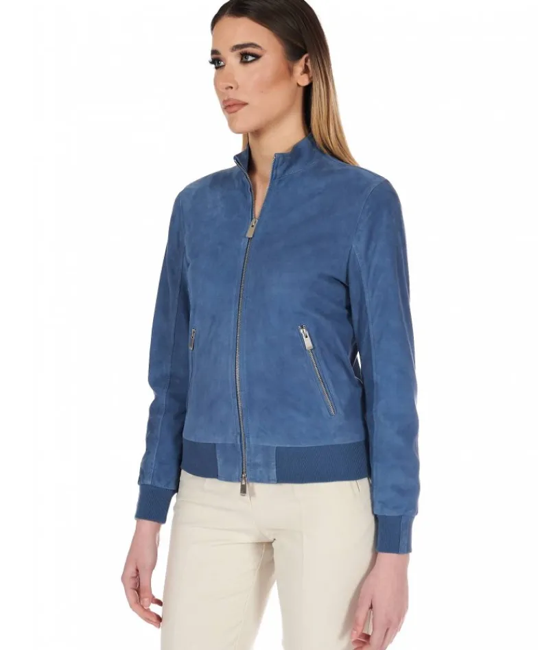 Donna D'Arienzo G154 - Bomber in pelle camoscio blu denim colletto coreana