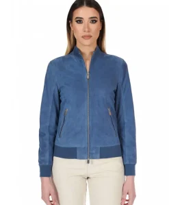 Donna D'Arienzo G154 - Bomber in pelle camoscio blu denim colletto coreana
