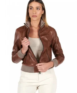 Donna D'Arienzo G155 - Bomber in pelle color cuoio effetto vintage