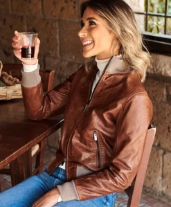 Donna D'Arienzo G155 - Bomber in pelle color cuoio effetto vintage