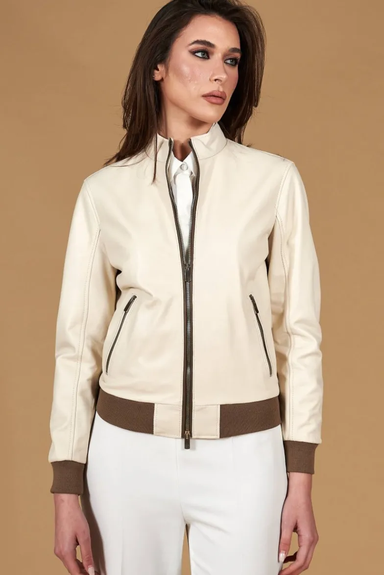 Donna D'Arienzo G154 - Bomber in pelle color crema con profili color fango