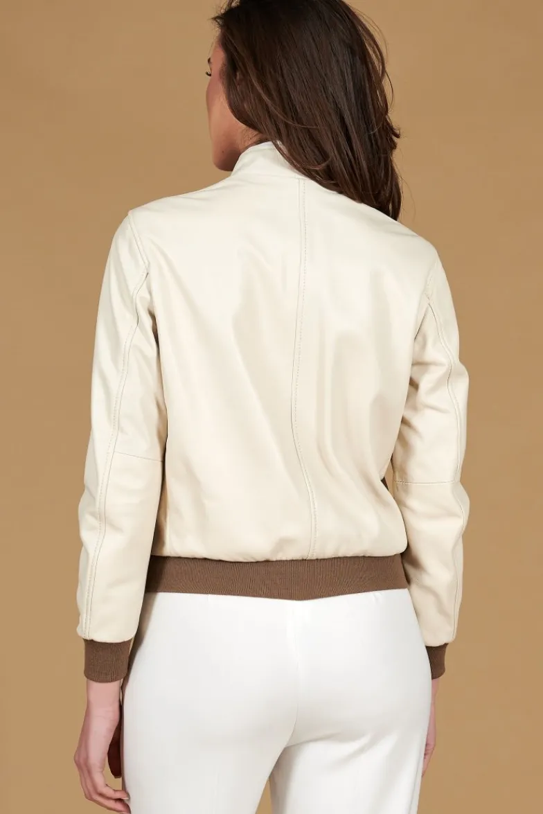 Donna D'Arienzo G154 - Bomber in pelle color crema con profili color fango