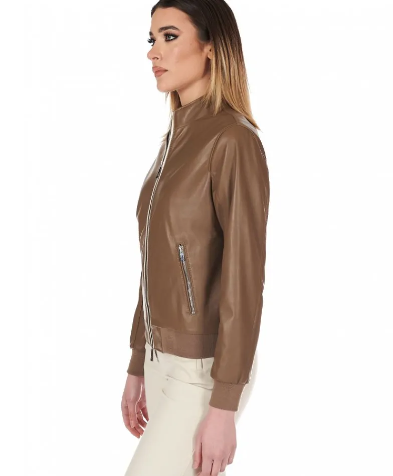 Donna D'Arienzo G154 - Bomber in pelle color fango effetto liscio profili crema