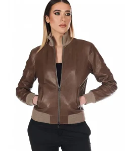 Donna D'Arienzo G155 - Bomber in pelle color fango effetto vintage