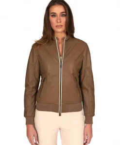 Donna D'Arienzo G154 - Bomber in pelle color fango effetto liscio