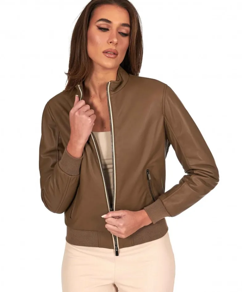 Donna D'Arienzo G154 - Bomber in pelle color fango effetto liscio