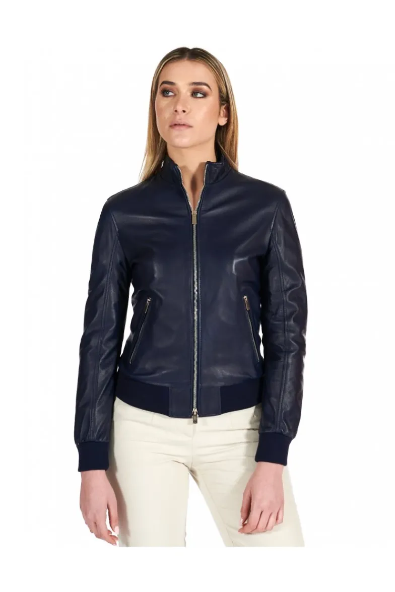 Donna D'Arienzo G154 - Bomber in pelle naturale blu avion effetto liscio