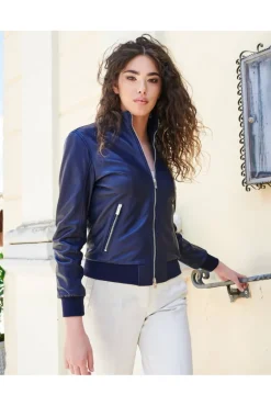 Donna D'Arienzo G154 - Bomber in pelle naturale blu avion effetto liscio