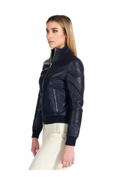Donna D'Arienzo G154 - Bomber in pelle naturale blu avion effetto liscio