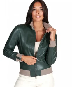 Donna D'Arienzo G155 - Bomber in pelle naturale verde collo in lana merino