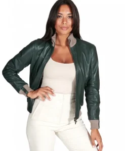 Donna D'Arienzo G155 - Bomber in pelle naturale verde collo in lana merino