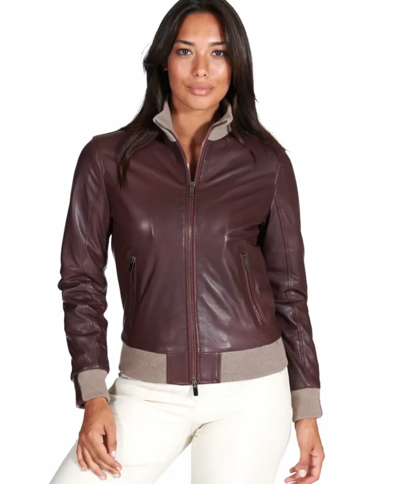 Donna D'Arienzo G155 - Bomber in pelle naturale bordeaux collo in lana merino