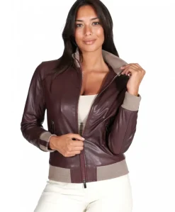 Donna D'Arienzo G155 - Bomber in pelle naturale bordeaux collo in lana merino