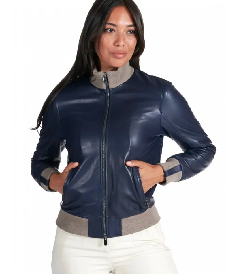 Donna D'Arienzo G155 - Bomber in pelle naturale blu collo in lana merino