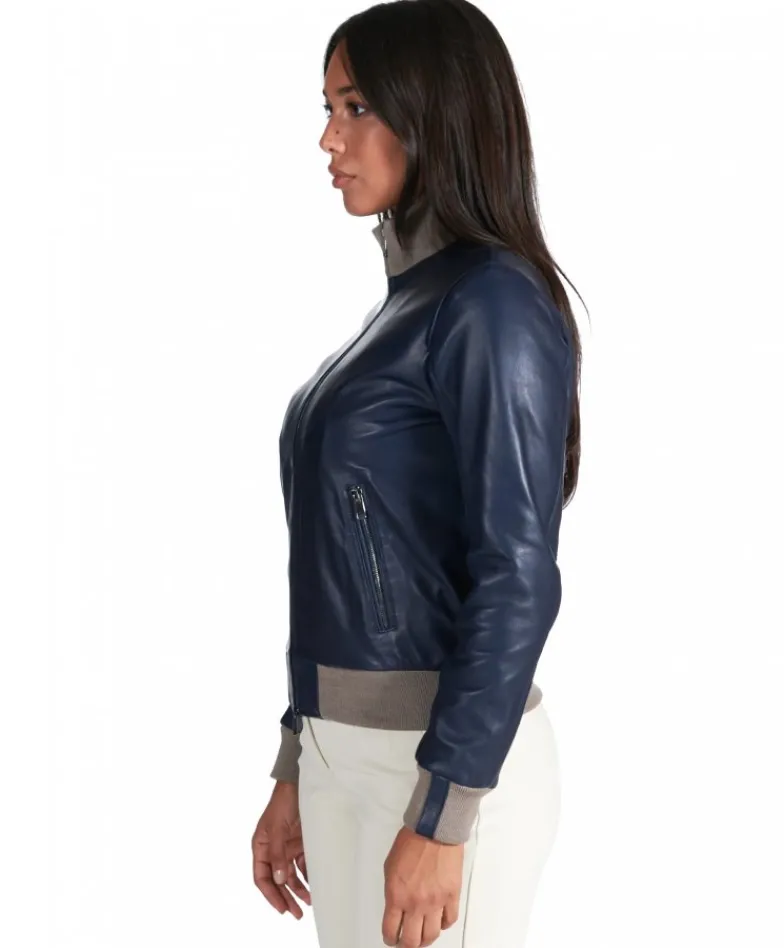 Donna D'Arienzo G155 - Bomber in pelle naturale blu collo in lana merino