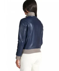Donna D'Arienzo G155 - Bomber in pelle naturale blu collo in lana merino