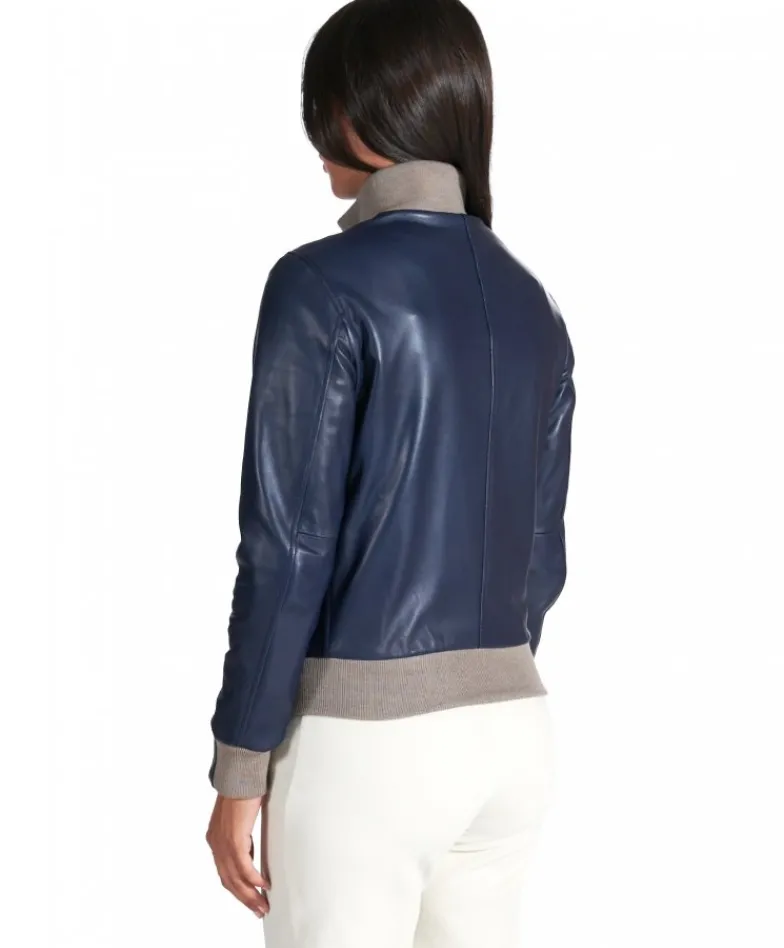 Donna D'Arienzo G155 - Bomber in pelle naturale blu collo in lana merino