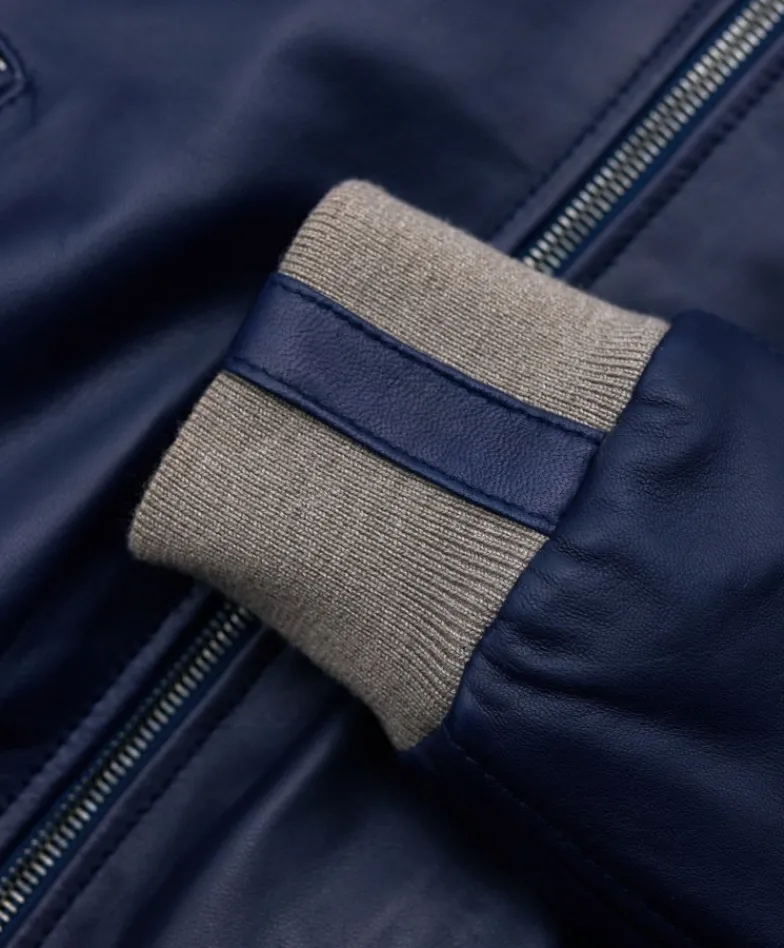 Donna D'Arienzo G155 - Bomber in pelle naturale blu collo in lana merino