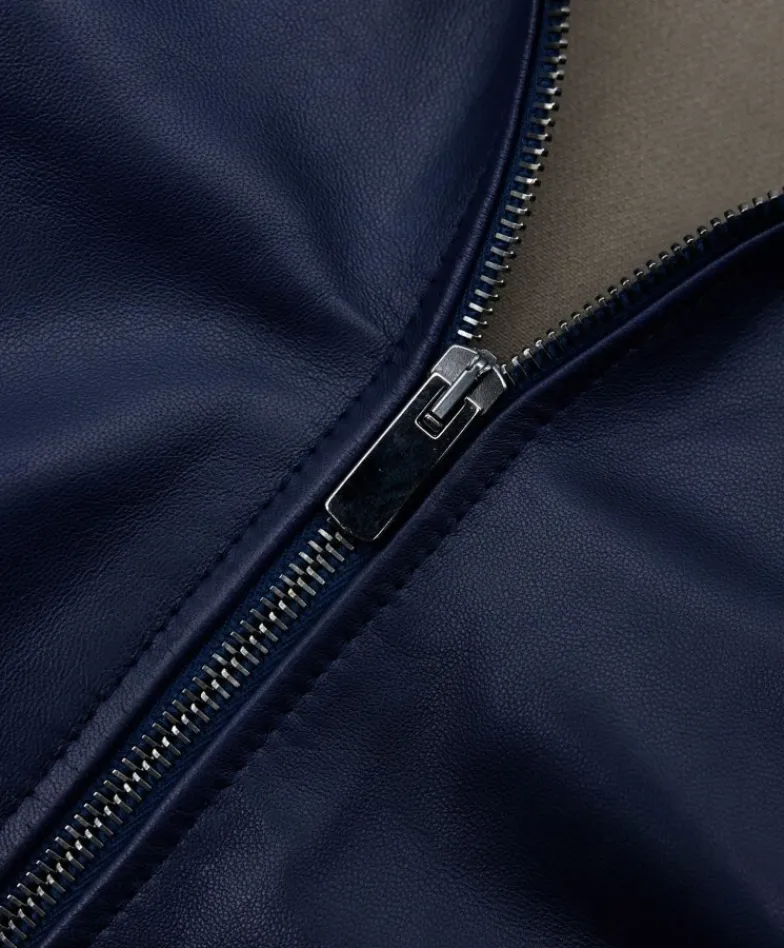 Donna D'Arienzo G155 - Bomber in pelle naturale blu collo in lana merino