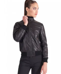 Donna D'Arienzo G154 - Bomber in pelle naturale nera effetto liscio collo coreana