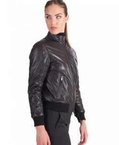 Donna D'Arienzo G154 - Bomber in pelle naturale nera effetto liscio collo coreana