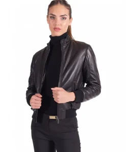 Donna D'Arienzo G154 - Bomber in pelle naturale nera effetto liscio collo coreana