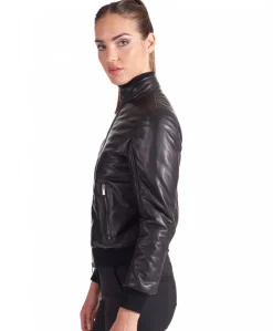 Donna D'Arienzo G154 - Bomber in pelle naturale nera effetto liscio collo coreana