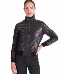 Donna D'Arienzo G154 - Bomber in pelle naturale nera effetto liscio collo coreana