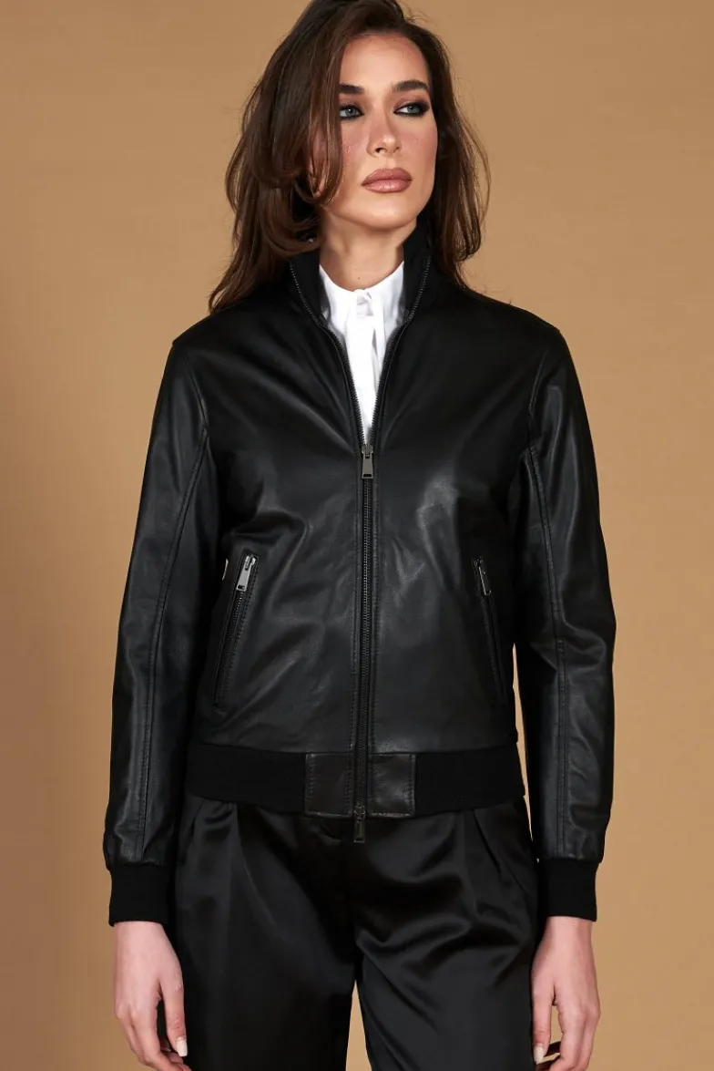 Donna D'Arienzo G155 - Bomber in pelle nera nappa effetto liscio