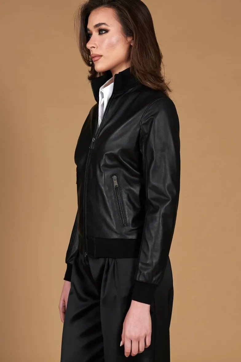 Donna D'Arienzo G155 - Bomber in pelle nera nappa effetto liscio
