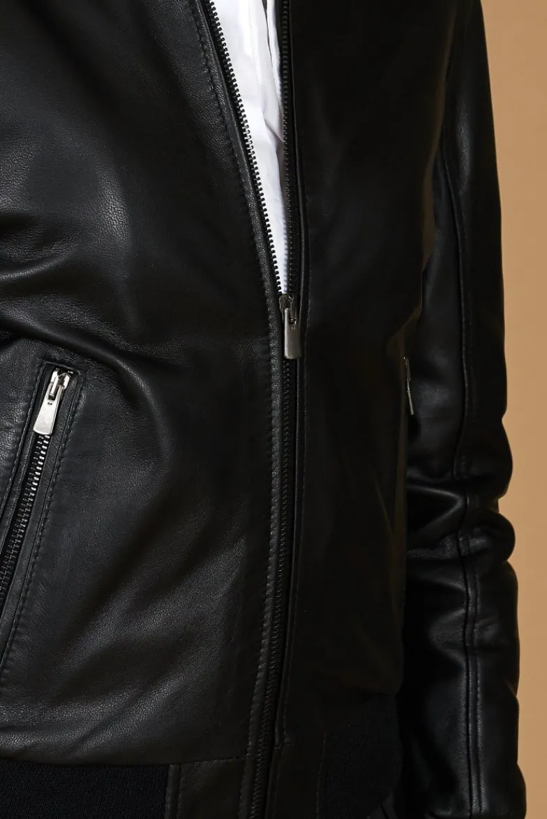 Donna D'Arienzo G154 - Bomber in pelle nera nappa effetto liscio