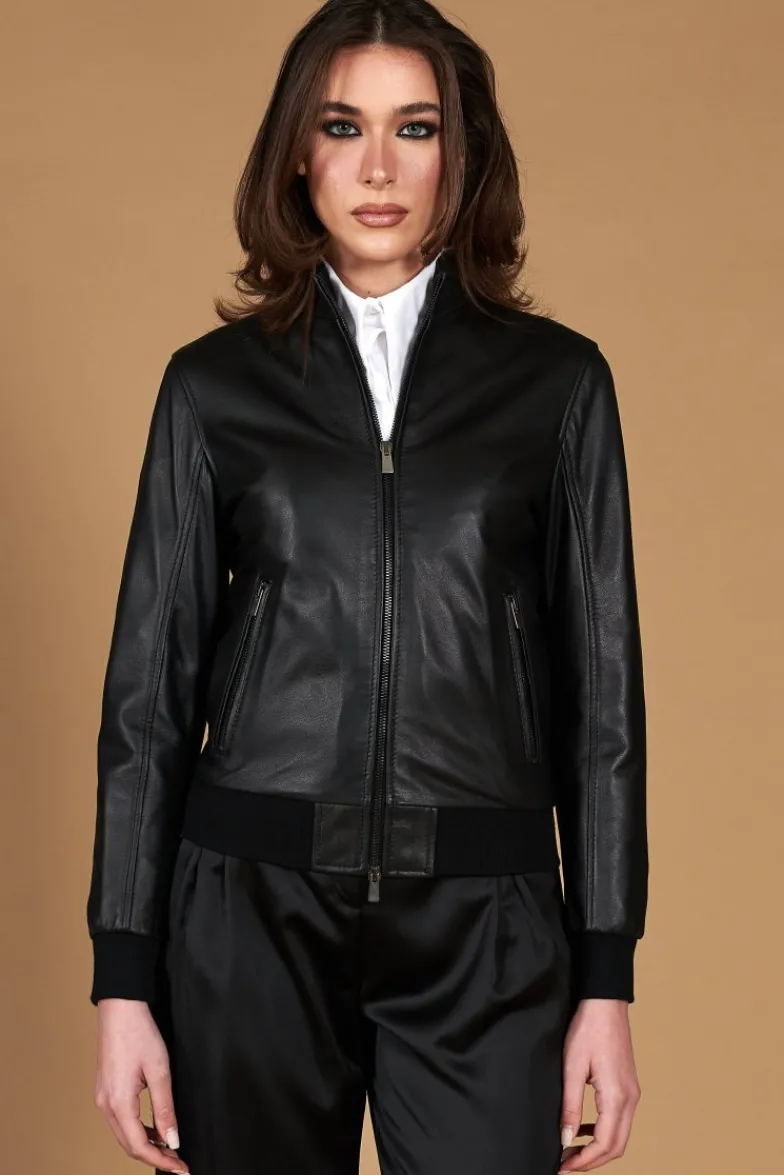 Donna D'Arienzo G154 - Bomber in pelle nera nappa effetto liscio