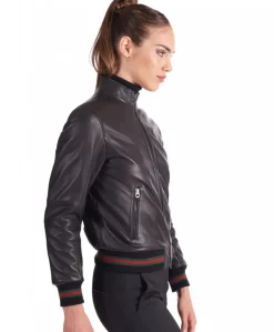 Donna D'Arienzo G154 - Bomber in pelle nera nappa effetto liscio collo coreana