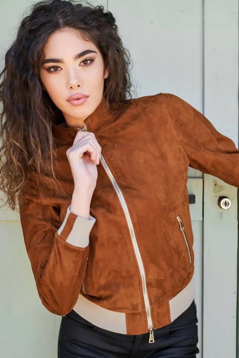 Donna D'Arienzo G154 - Bomber in pelle scamosciata cuoio e lana merinos