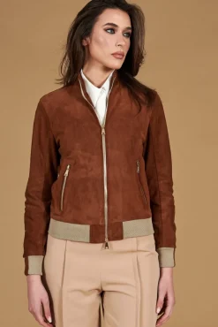 Donna D'Arienzo G154 - Bomber in pelle scamosciata cuoio e lana merinos
