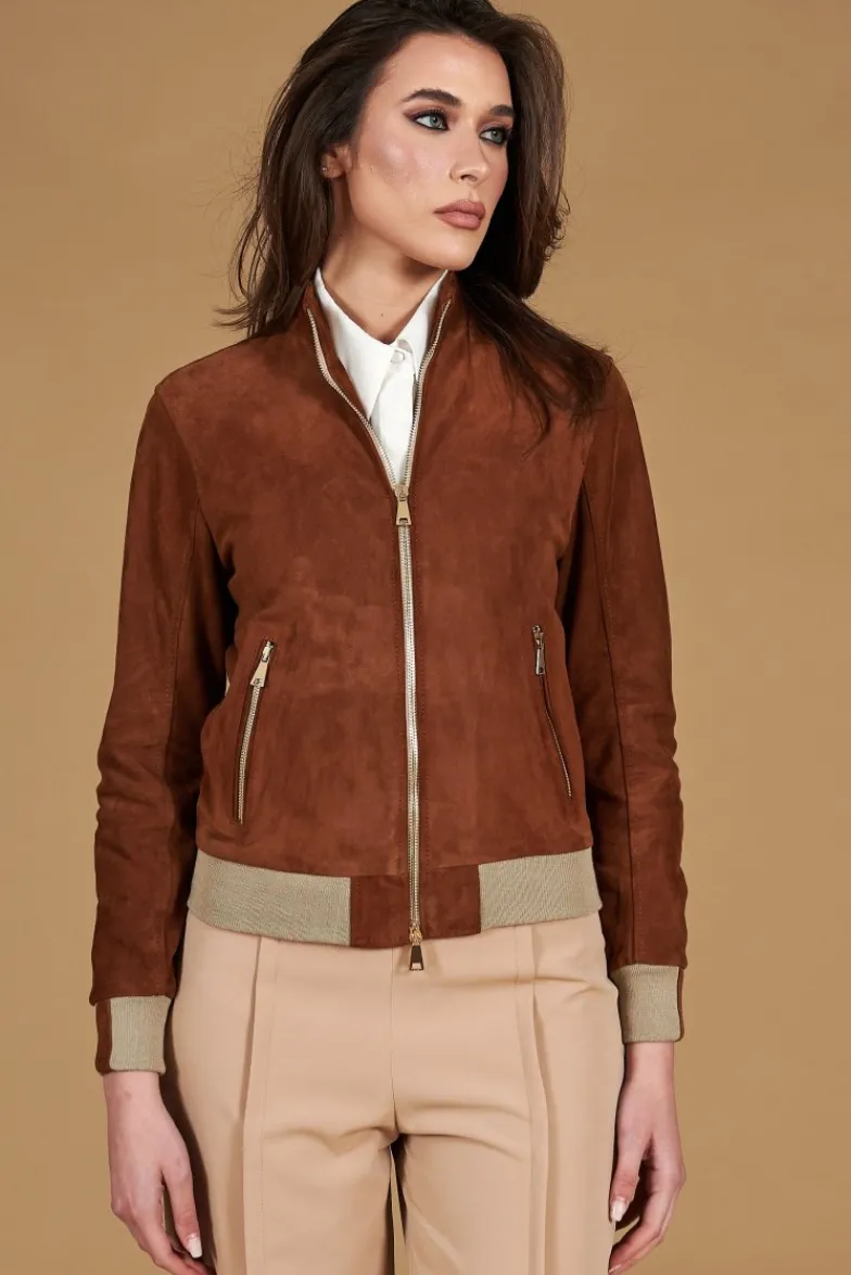 Donna D'Arienzo G154 - Bomber in pelle scamosciata cuoio e lana merinos