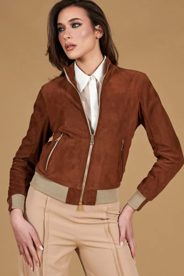 Donna D'Arienzo G154 - Bomber in pelle scamosciata cuoio e lana merinos