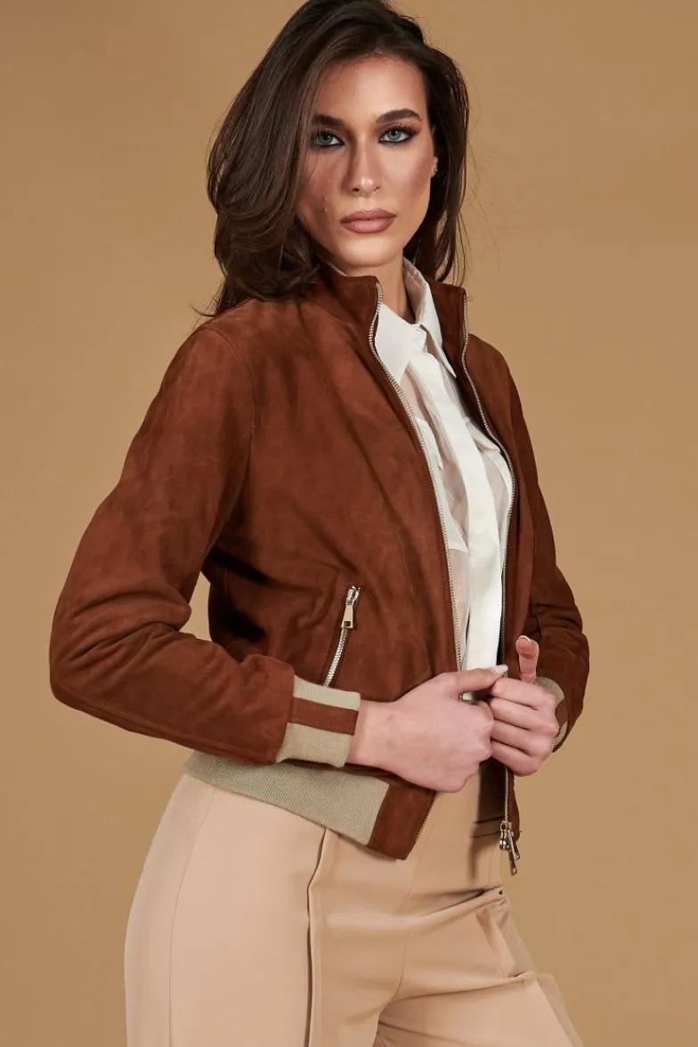 Donna D'Arienzo G154 - Bomber in pelle scamosciata cuoio e lana merinos